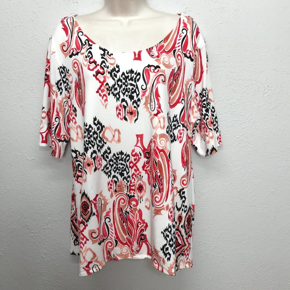 Chicos Top Size 3 Black Red Orange Paisley Print Short Sleeve Scoop Neck Stretch